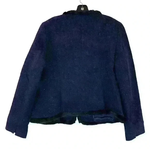 Talbots Navy Blue Wool Knit Blend Black Faux-Fur Trim Shetland Jacket Si… - Picture 5 of 16